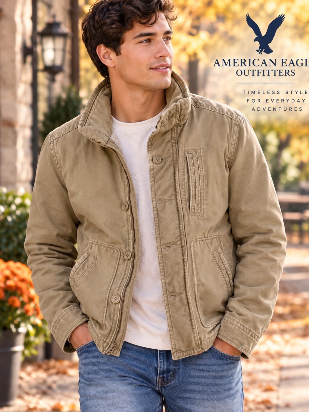 American Eagle Outfitters Men's Khaki Field Jacket with Quilted Collar